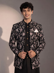 Black silver floral jodhpuri indowestern suit for men - close-up of collar and embroidery