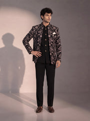Black silver floral jodhpuri indowestern suit for men - front view
