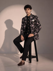 Black silver floral jodhpuri indowestern suit for men - seated pose