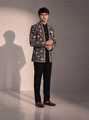 Black silver floral jodhpuri indowestern suit for men - three-quarter view