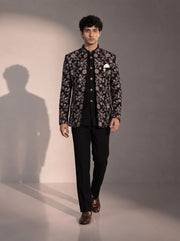 Black silver floral jodhpuri indowestern suit for men - full look