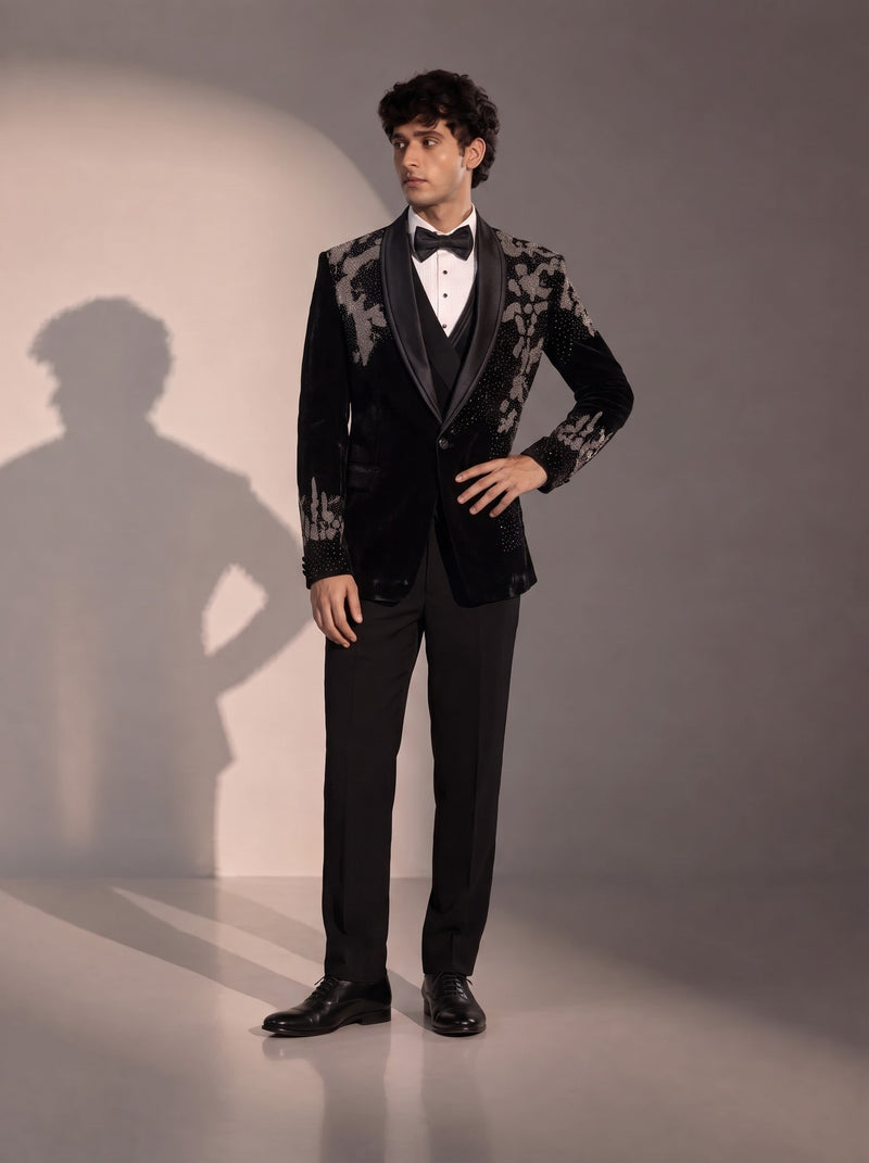 Black Velvet Crystal Embellished Tuxedo Suit For Men