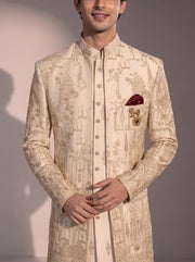 Cream Mughal embroidered silk indowestern for men - close-up of collar and embroidery