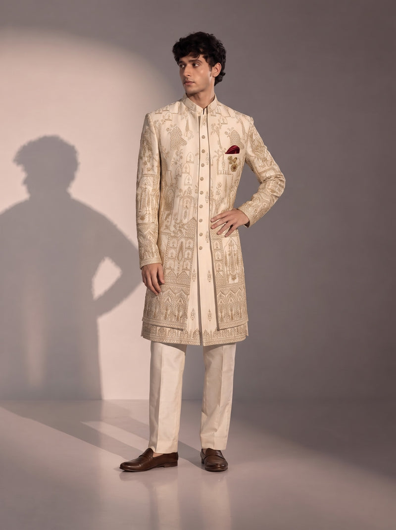 Cream Mughal Embroidered Silk Indowestern For Men