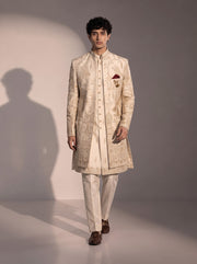 Cream Mughal embroidered silk indowestern for men - full look