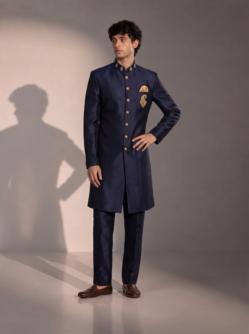 Dark Navy Silk Indowestern For Men