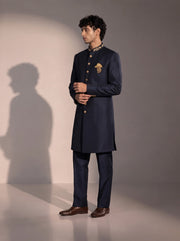 Dark navy silk indowestern for men - three-quarter view