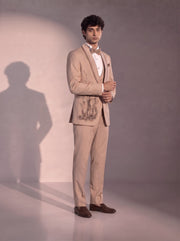 Fawn bamboo embellished tuxedo suit for men - three-quarter view