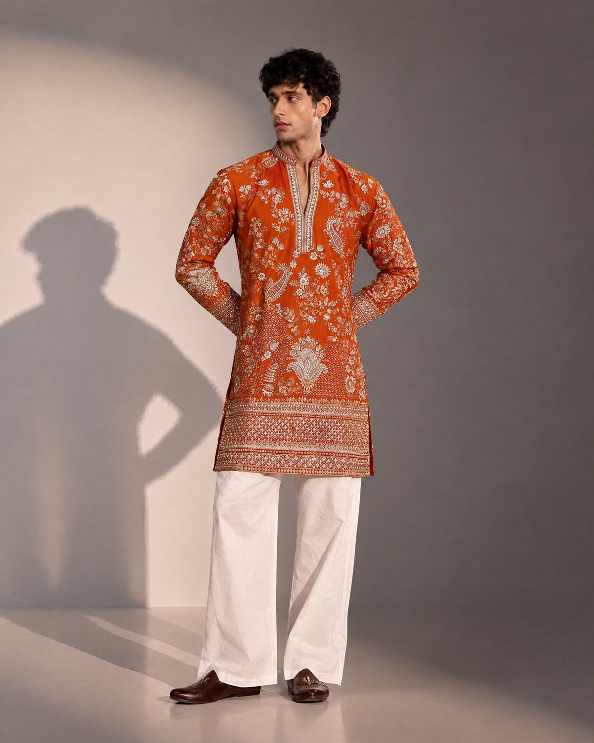 Orange Embroidered Kurta Pajama for Men