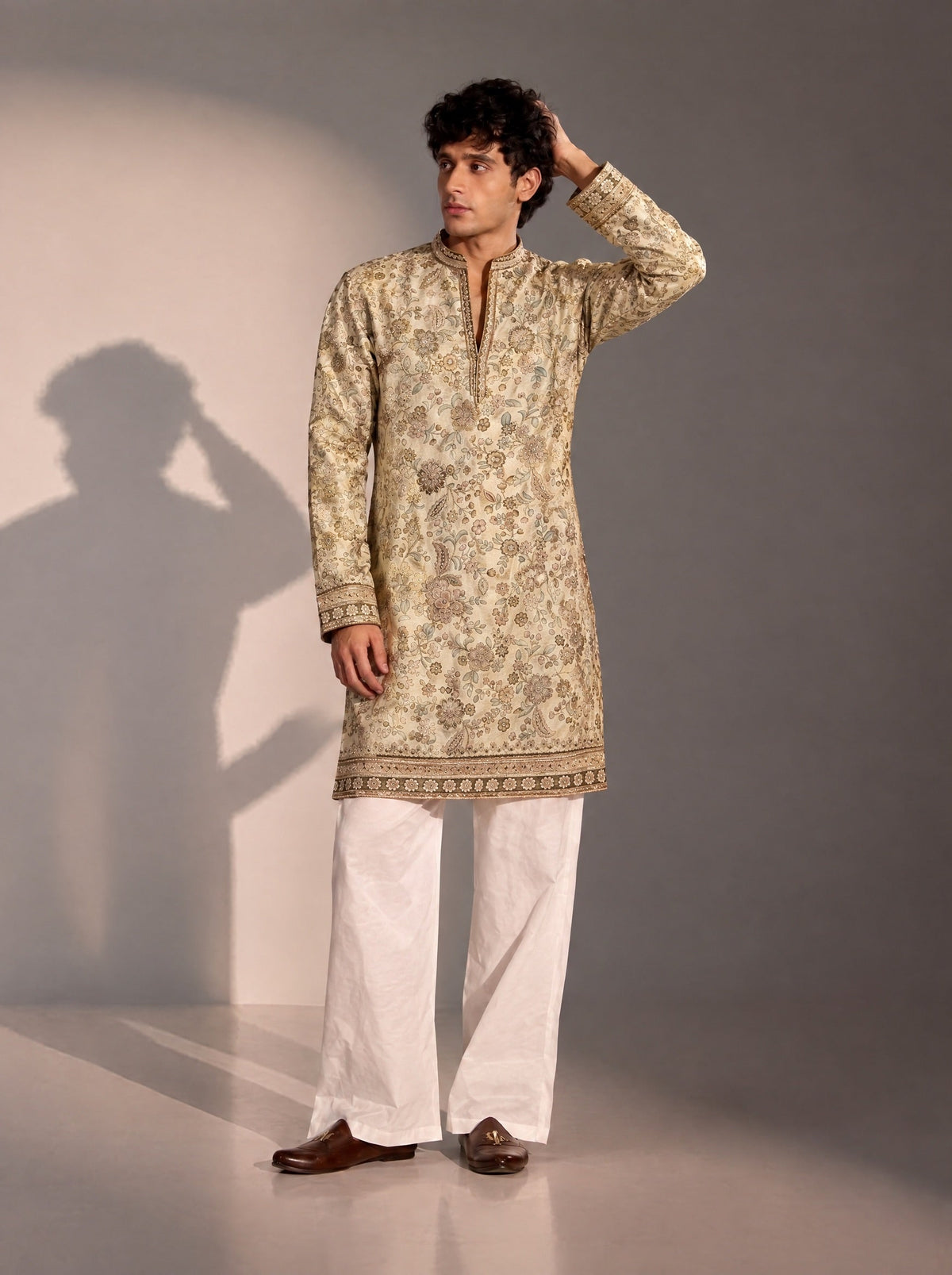 Cream Embroidered Kurta Pajama for Men