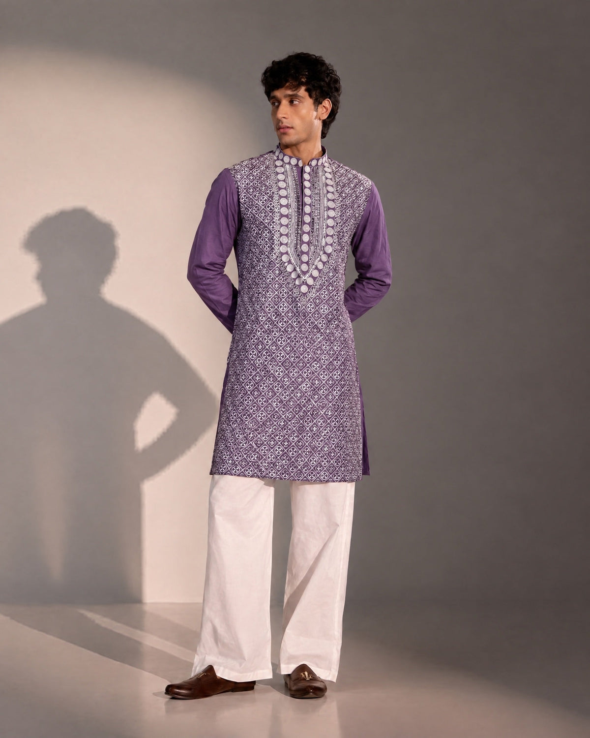 Purple  Embroidered Kurta Pajama for Men