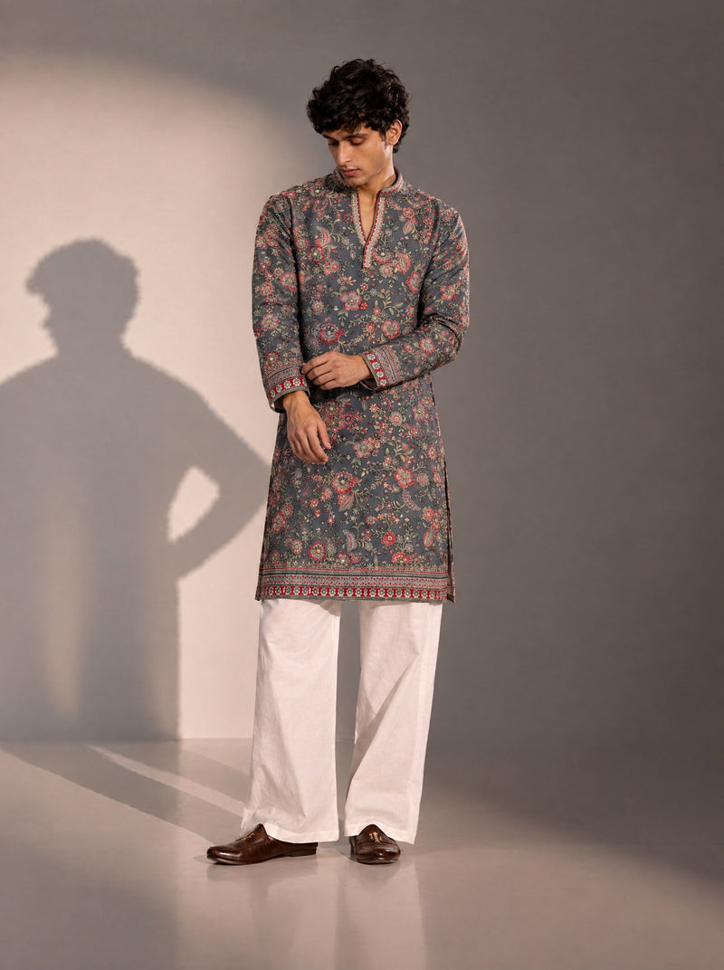 Grey Embroidered  Kurta Pajama for Men