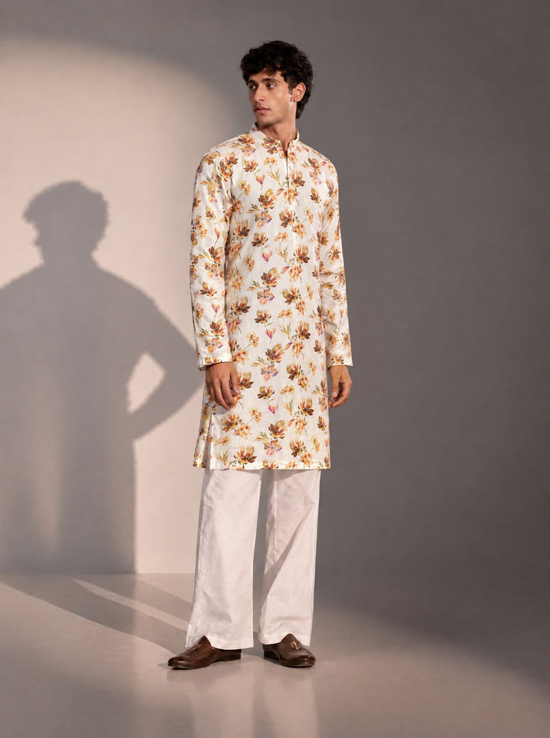 Ivory Printed  Kurta Pajama for Men