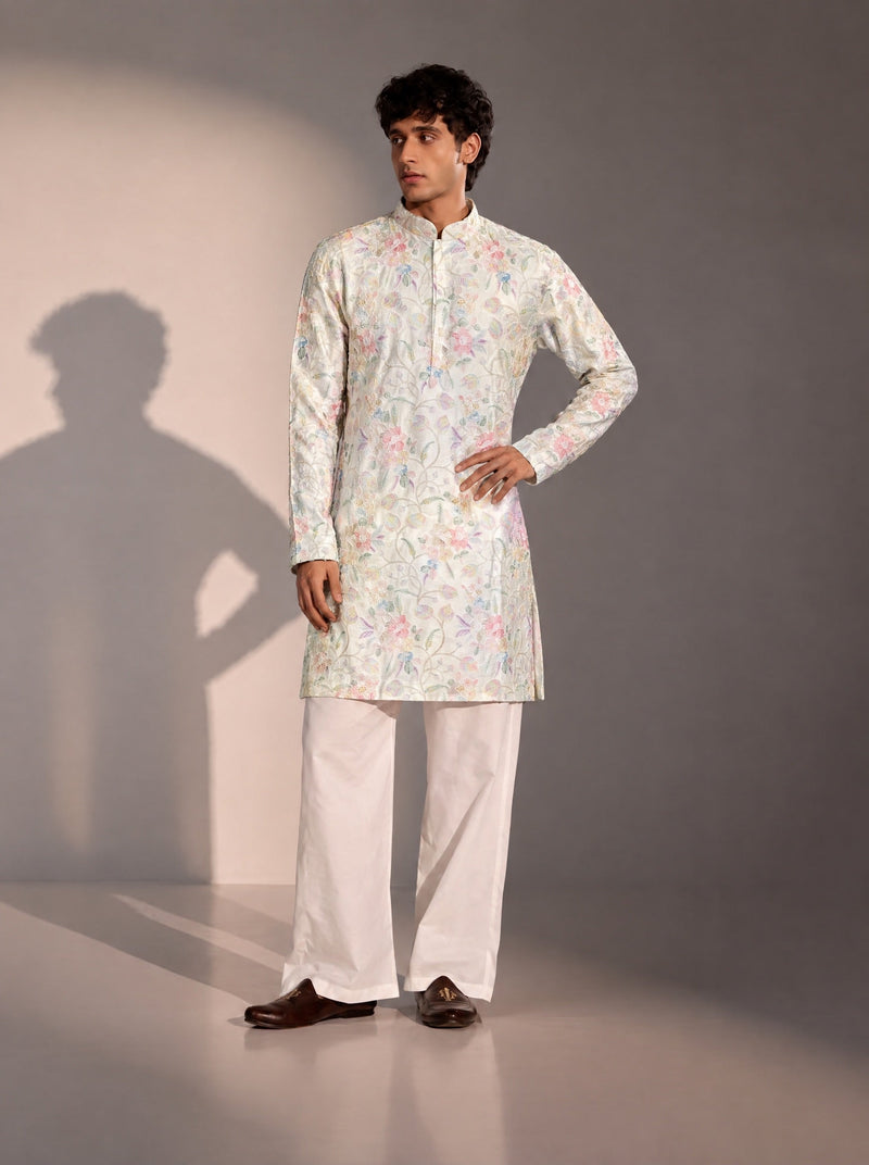 White Embellished Kurta Pajama for Men