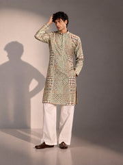 Light Green Printed Kurta Pajama for Men