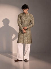Dark Grey Printed Kurta Pajama for Men