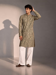 Dark Grey Printed Kurta Pajama for Men