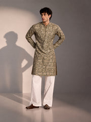 Dark Grey Printed Kurta Pajama for Men
