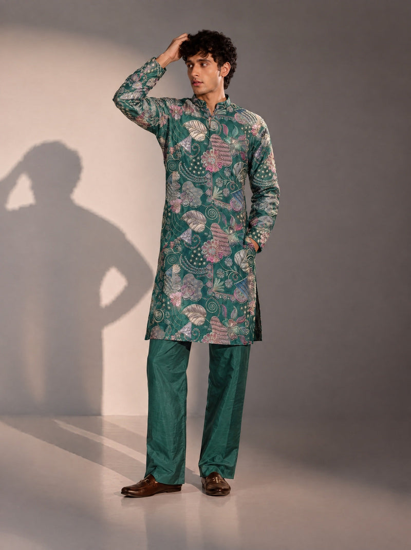 Green Embellished Kurta Pajama for Men