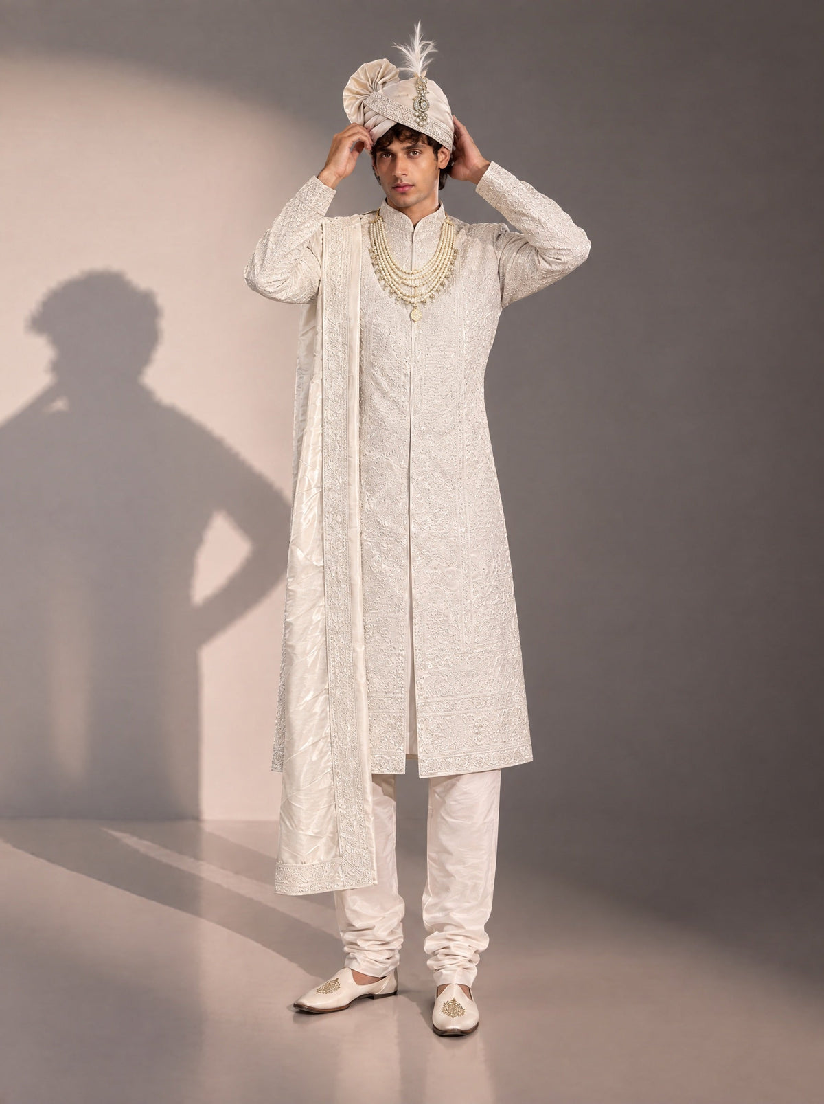 Ivory Embellished Sherwani For Men