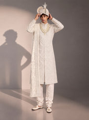 Ivory Embellished Sherwani For Men