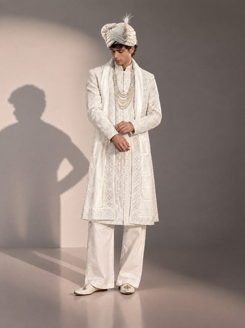 Ivory Embellished Sherwani For Men
