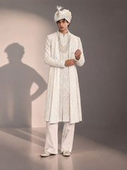 Cream Embellished Sherwani For Men