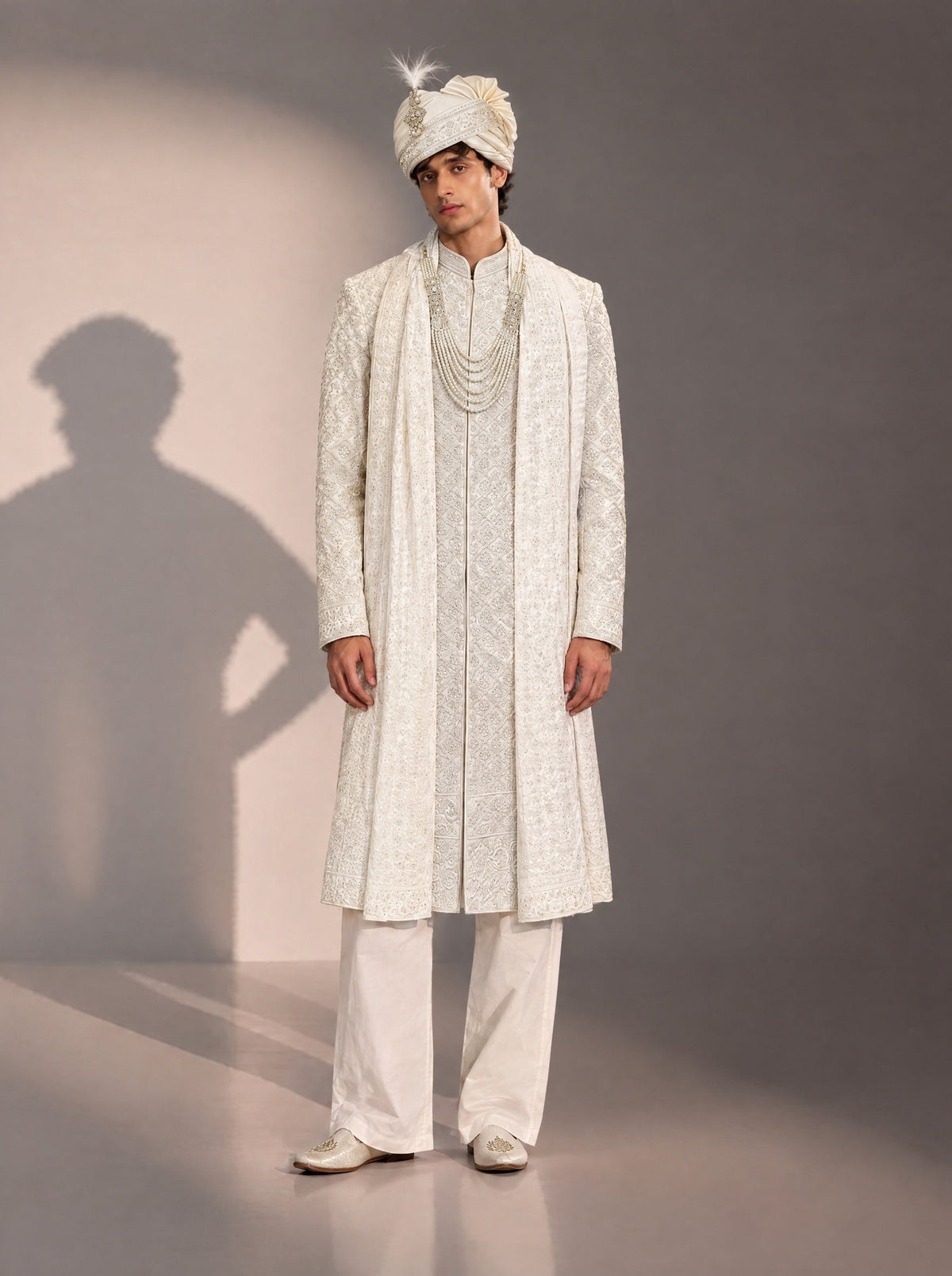Cream Embellished Sherwani For Men