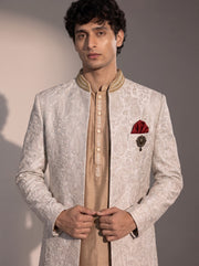 Ivory paisley embroidered silk indowestern for men - close-up of collar and embroidery