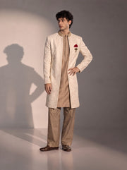 Ivory paisley embroidered silk indowestern for men - front view