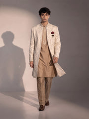 Ivory paisley embroidered silk indowestern for men - full look