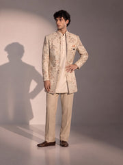 Ivory peach floral jodhpuri indowestern suit for men - front view