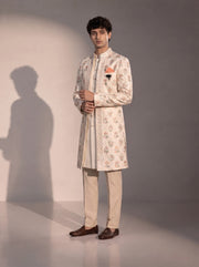 Ivory peach floral jodhpuri indowestern suit for men - three-quarter view