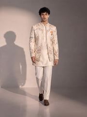 Ivory peach floral jodhpuri indowestern suit for men - full look