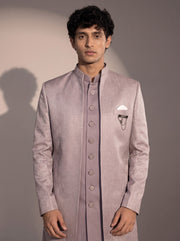 Lavender jacquard silk indowestern for men - close-up of collar and embroidery