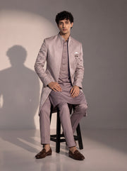 Lavender jacquard silk indowestern for men - seated pose