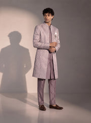 Lavender jacquard silk indowestern for men - three-quarter view