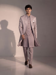 Lavender jacquard silk indowestern for men - full look