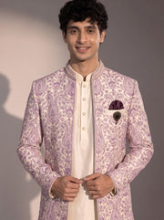 Lavender paisley embroidered silk indowestern for men - close-up of collar and embroidery