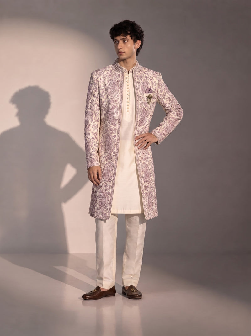 Lavender Paisley Embroidered Silk Indowestern For Men