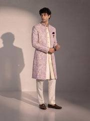 Lavender paisley embroidered silk indowestern for men - three-quarter view