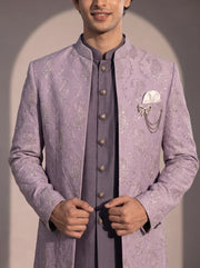 Lavender silver paisley jodhpuri indowestern suit for men - close-up of collar and embroidery