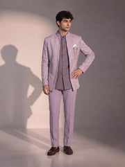 Lavender silver paisley jodhpuri indowestern suit for men - front view