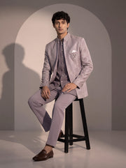 Lavender silver paisley jodhpuri indowestern suit for men - seated pose
