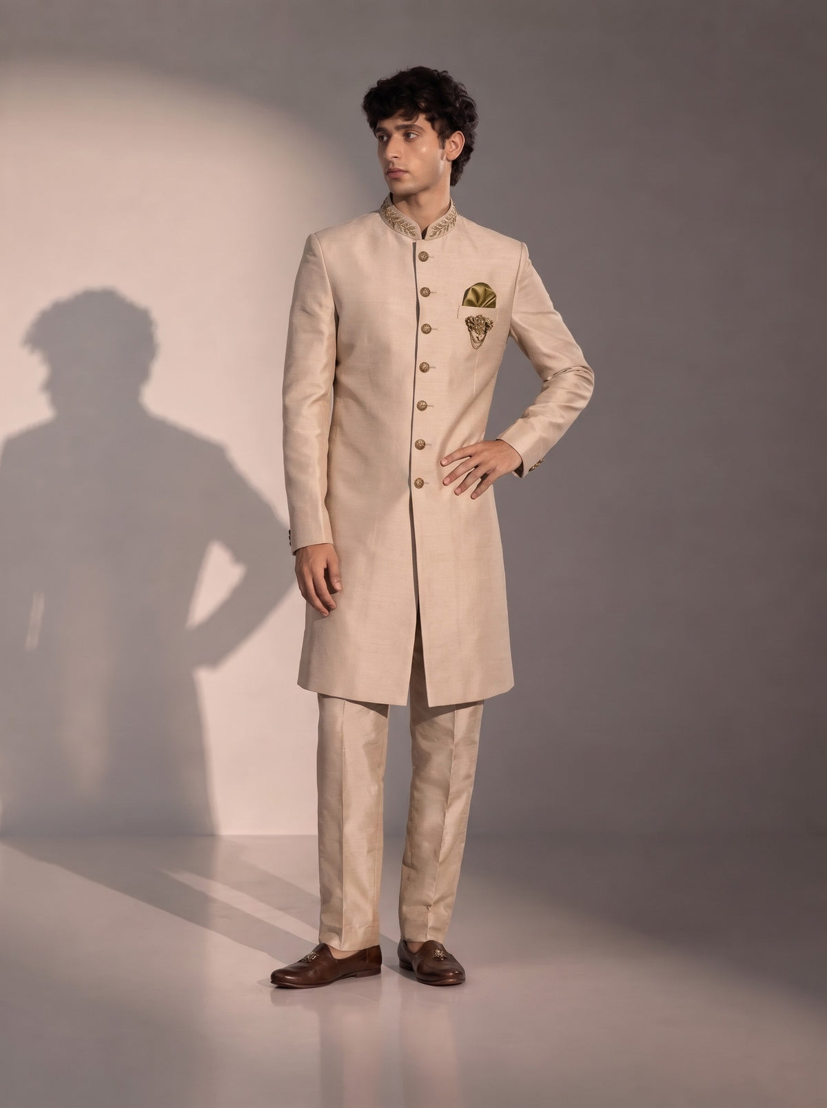 Light Beige Silk Indowestern For Men