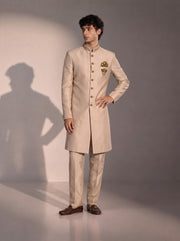 Light beige silk indowestern for men - front view