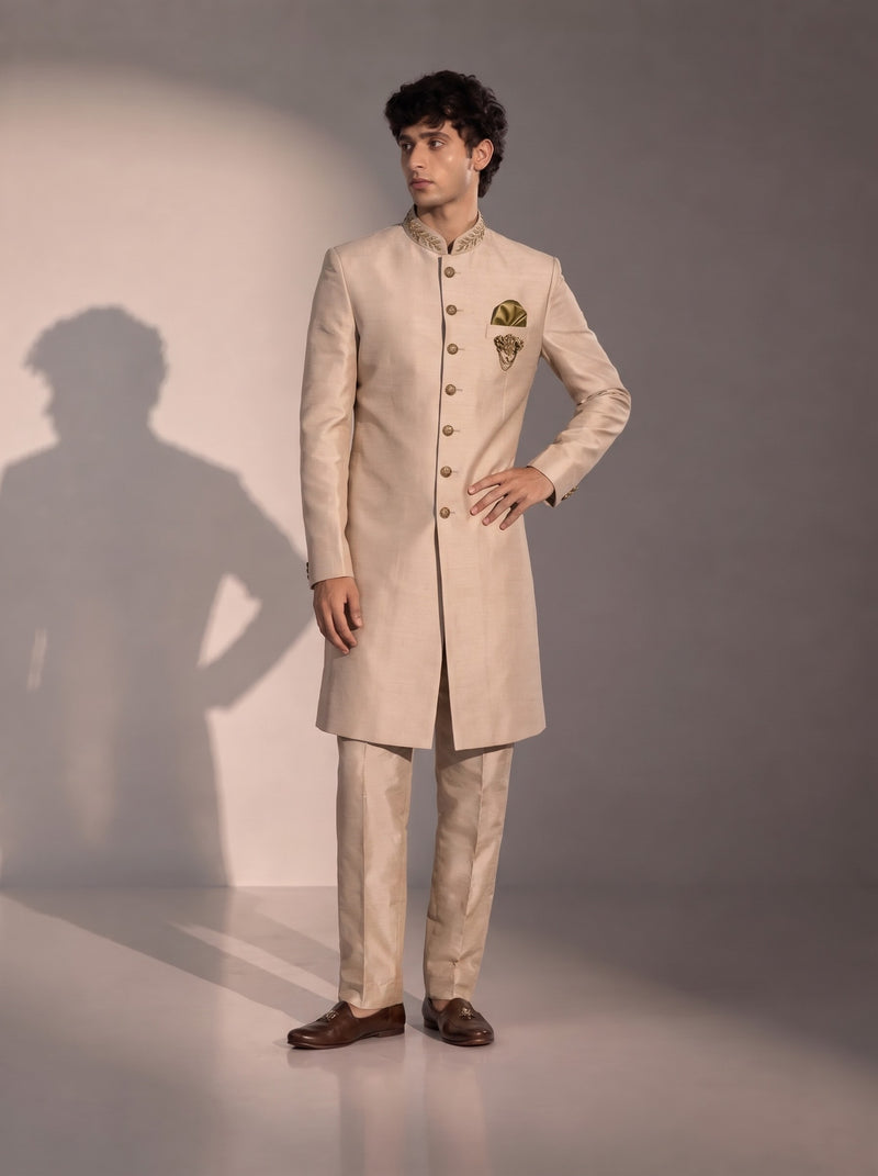 Light Beige Silk Indowestern For Men