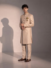Light beige silk indowestern for men - three-quarter view