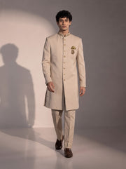 Light beige silk indowestern for men - full look