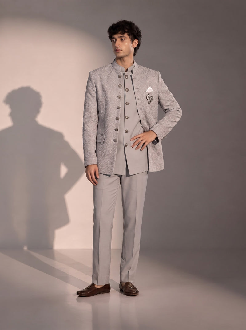 Light Grey Textured Jodhpuri Indowestern Suit For Men